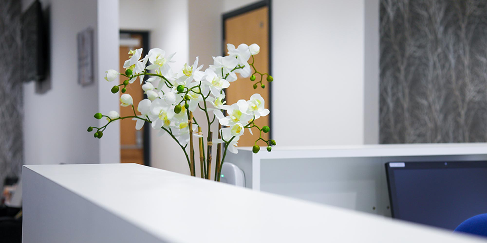 picture of white flowers on reception desk